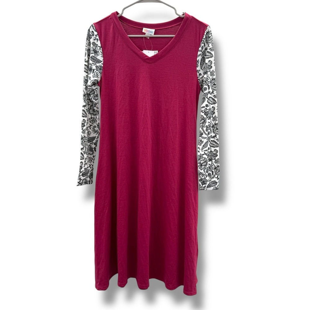 LuLaRoe NWT Emily Dress Long Sleeve Women’s Size XXS Burgundy Black White Print